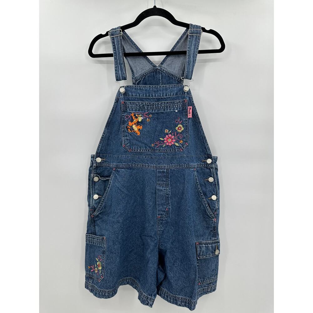 Vintage Disney Denim Overalls Shorts Blue Winnie the Pooh Floral Women's 14W-16W
